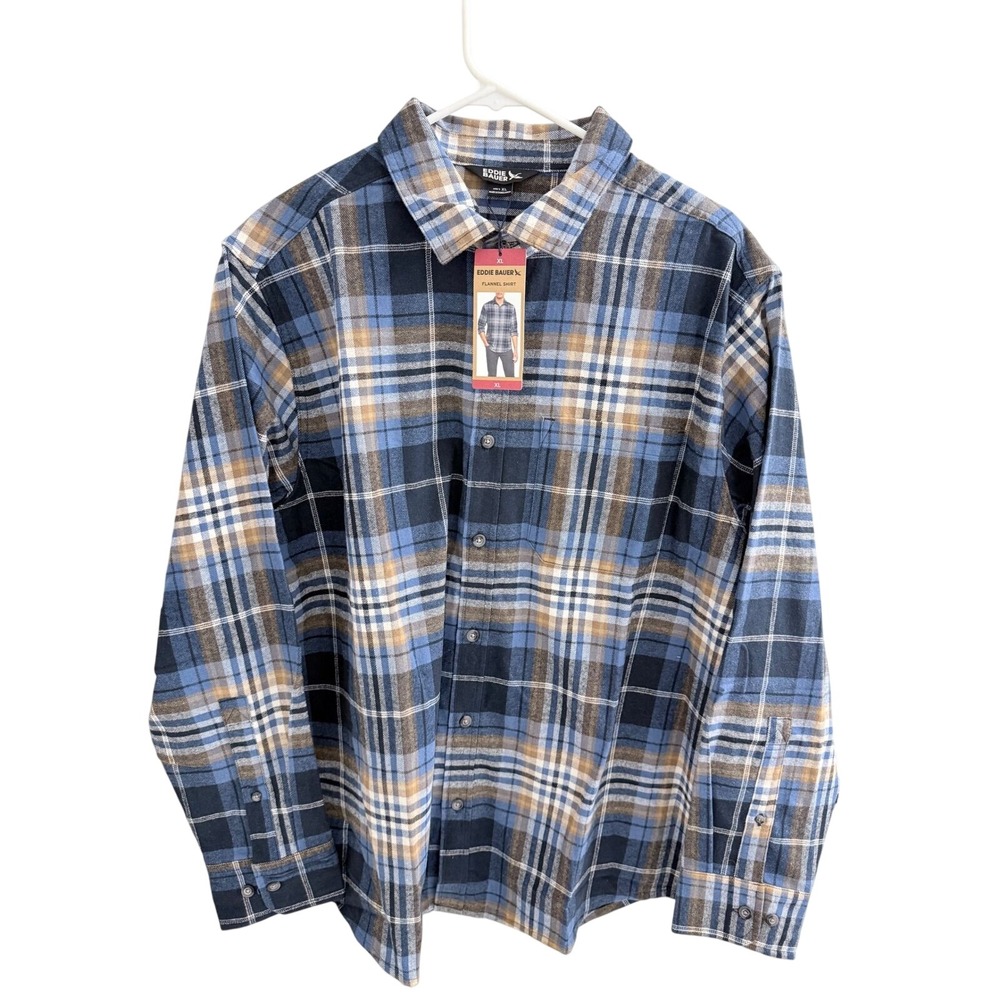 Eddie Bauer Mens XL Flannel Shirt Blue Tan Plaid Long Sleeve Button Down NWT